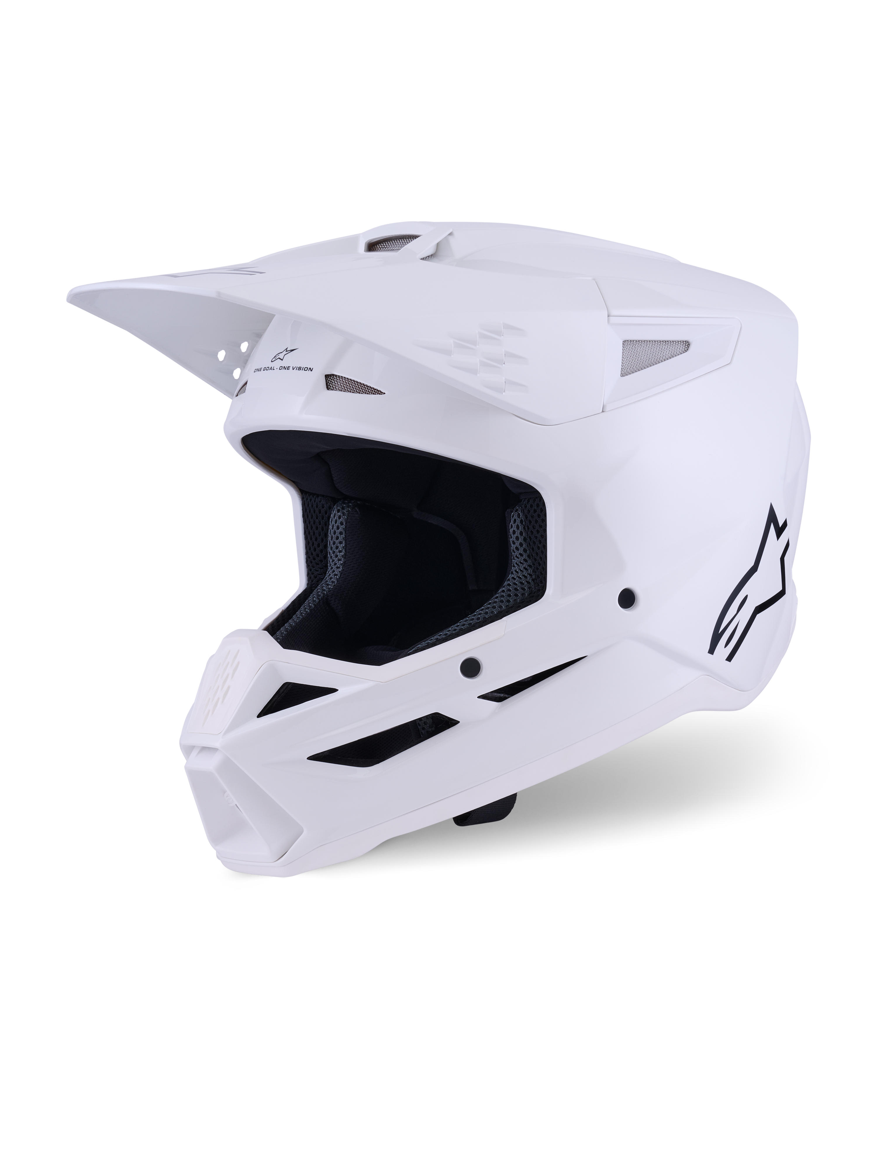 Alpinestars S-M3 Solid helm, motorcrosshelm, glanzend wit, full-face off-road hoofdbeschermer met een prominent vizier, meerdere ventilatieopeningen en een zwart Alpinestars-logo op het zijprofiel