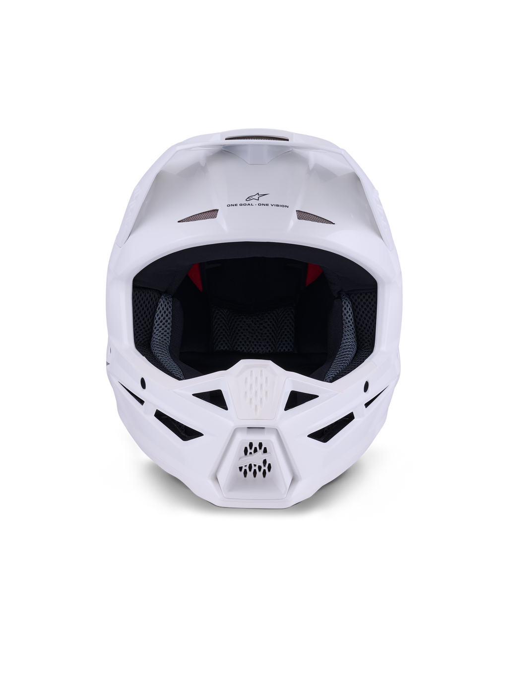 Alpinestars S-M3 Solid Helm ECE 22.06, motorcrosshelm, White Glossy, vooraanzicht met diverse ventilatie-openingen op de kin en het voorhoofd, aerodynamische schaal met vizier, 'ONE GOAL - ONE VISION' branding en mesh binnenvoering voor off-road bescherming