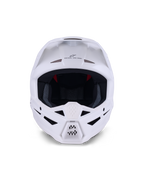 Alpinestars S-M3 Solid Helm ECE 22.06, motorcrosshelm, White Glossy, vooraanzicht met diverse ventilatie-openingen op de kin en het voorhoofd, aerodynamische schaal met vizier, 'ONE GOAL - ONE VISION' branding en mesh binnenvoering voor off-road bescherming