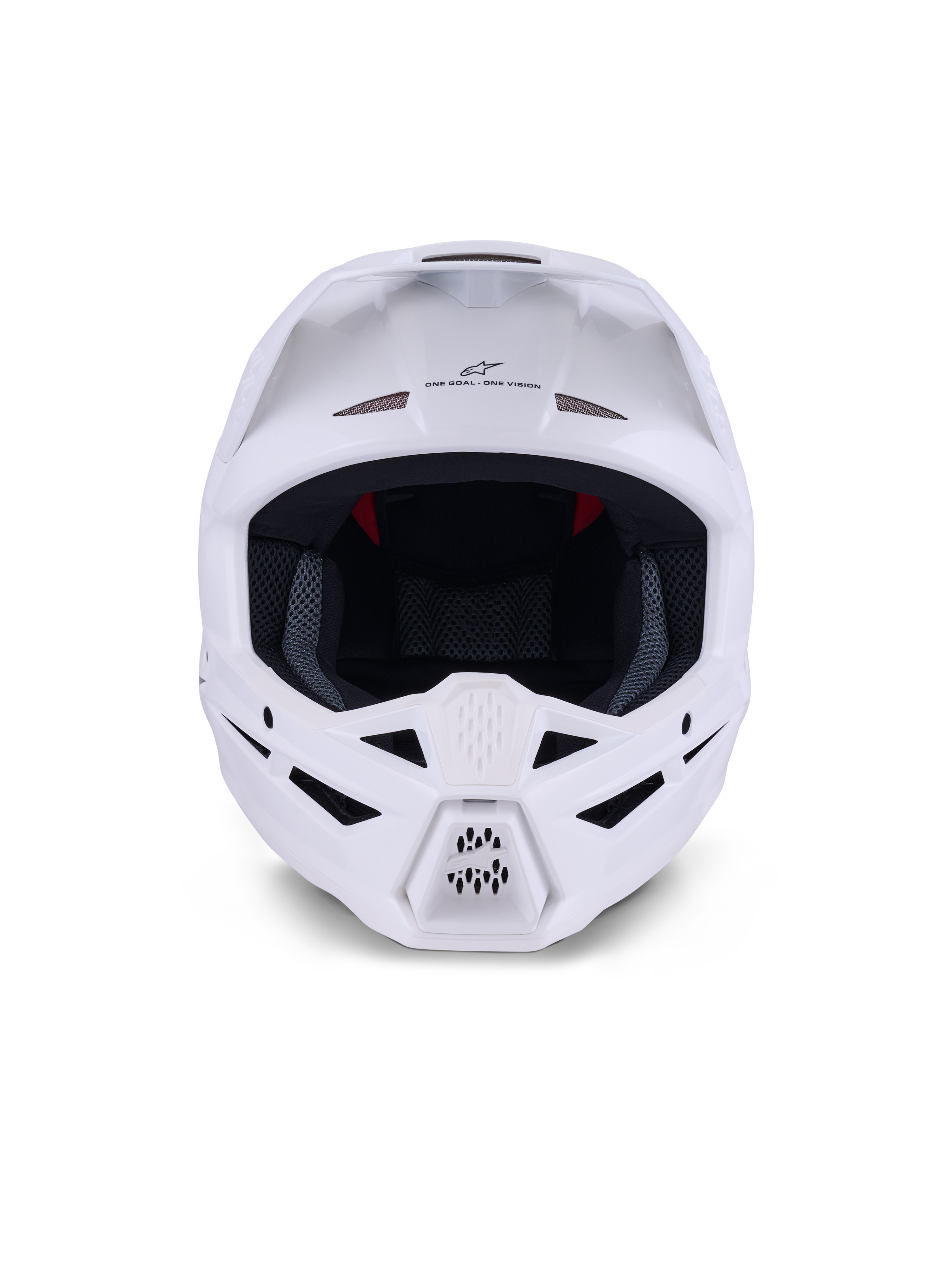 Alpinestars S-M3 Solid Helm ECE 22.06, motorcrosshelm, White Glossy, vooraanzicht met diverse ventilatie-openingen op de kin en het voorhoofd, aerodynamische schaal met vizier, 'ONE GOAL - ONE VISION' branding en mesh binnenvoering voor off-road bescherming
