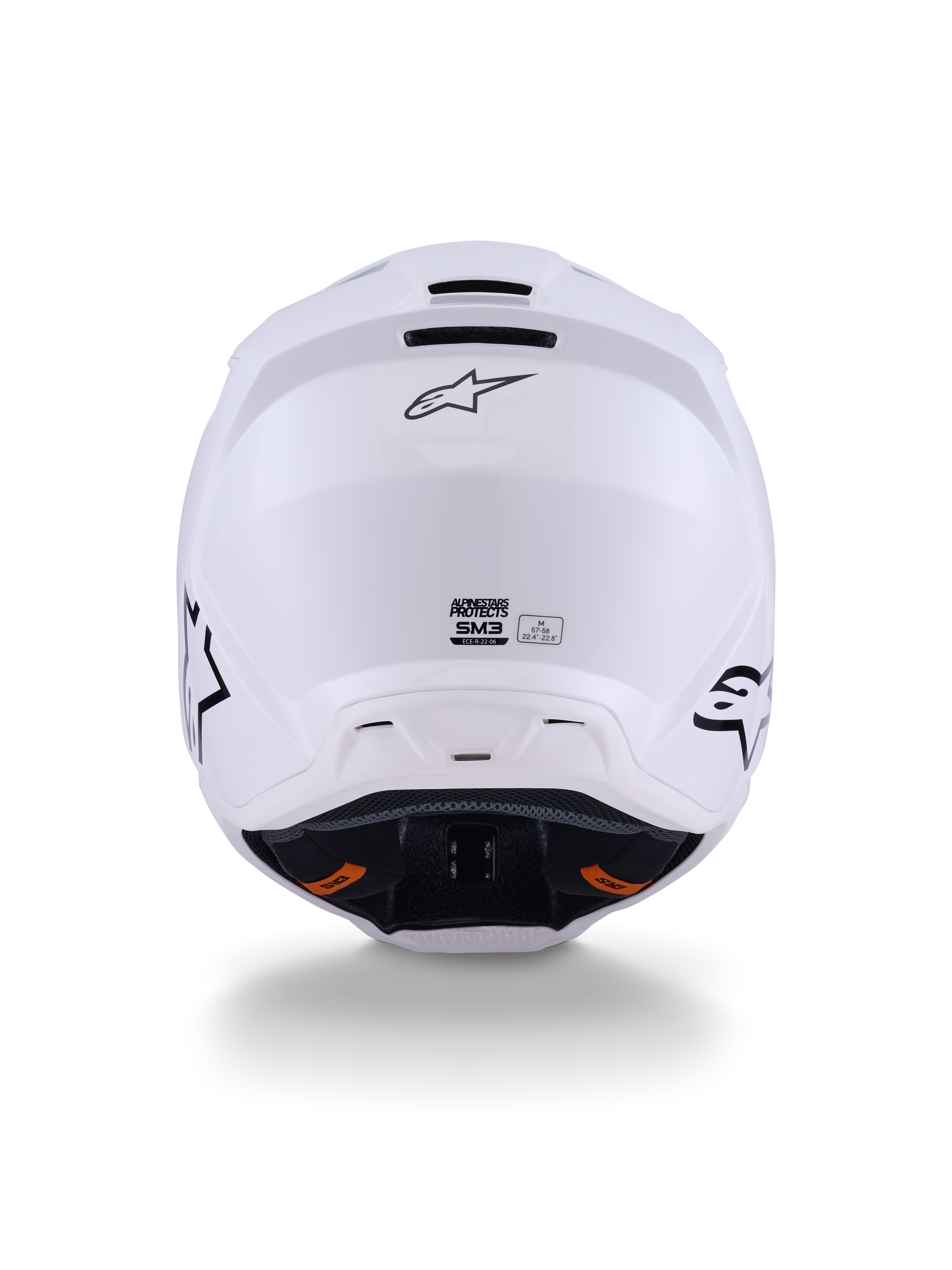 Alpinestars S-M3 Solid Helm ECE 22.06, motorcrosshelm, glanzend wit, achteraanzicht met ventilatieopeningen, Alpinestars-logo en veiligheidscertificeringslabel, ontworpen voor off-road prestaties
