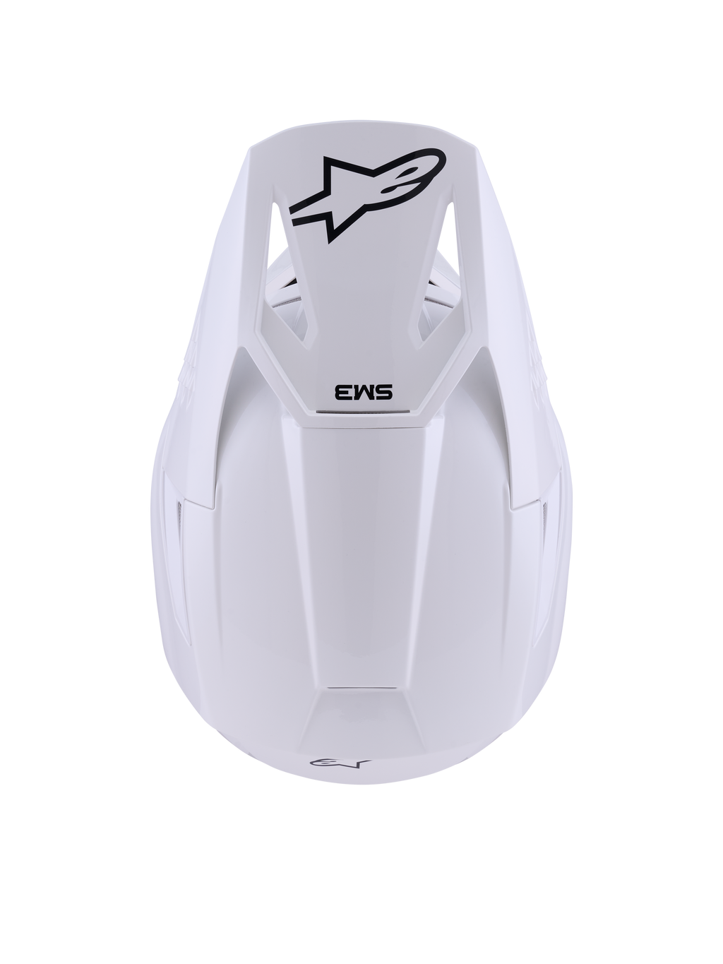 Alpinestars S-M3 Solid helm, White Glossy, motorcrosshelm, bovenaanzicht met zwart Alpinestars ster-logo en SM3-branding op de klep, strakke thermo-geïnjecteerde schaal met een glanzende afwerking, ECE 22.06 gecertificeerde off-road bescherming
