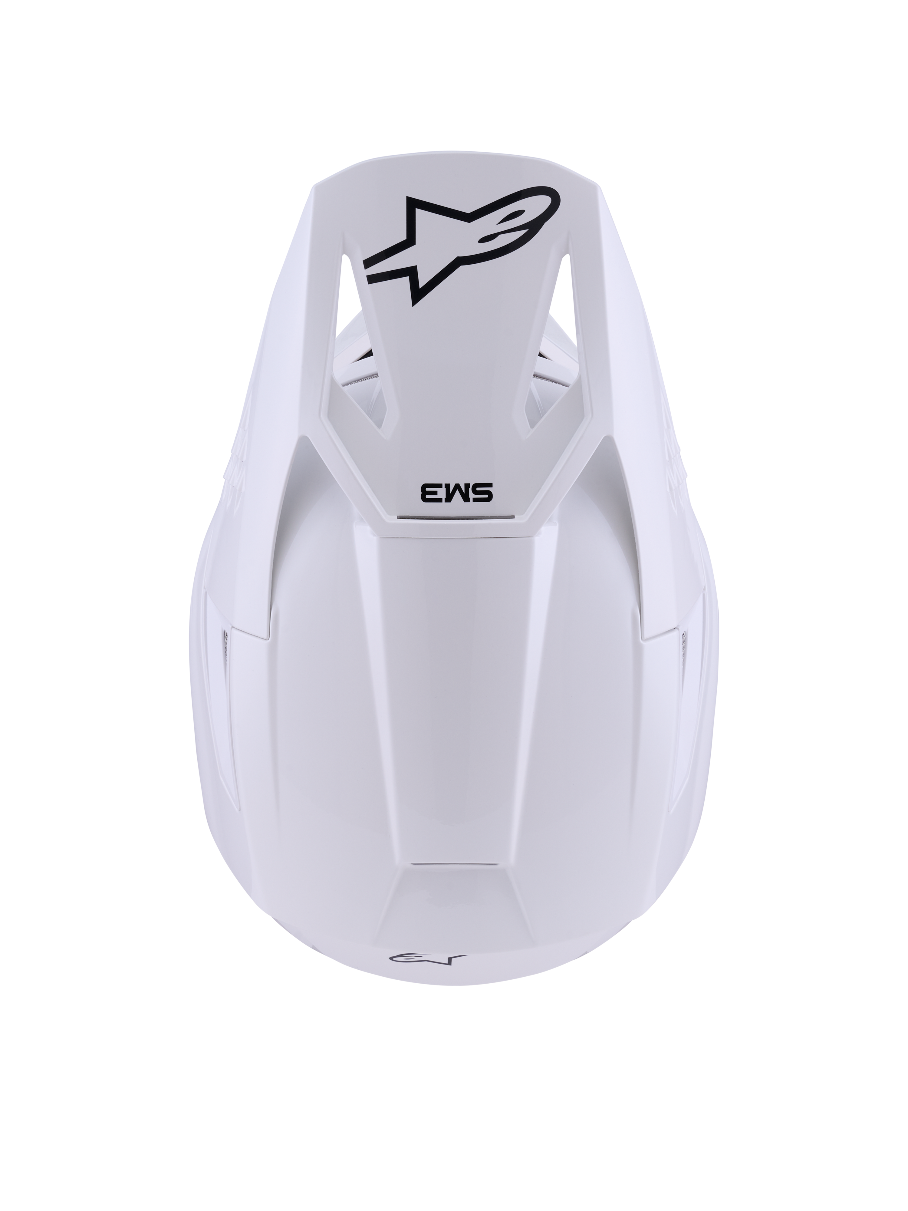 Alpinestars S-M3 Solid helm, White Glossy, motorcrosshelm, bovenaanzicht met zwart Alpinestars ster-logo en SM3-branding op de klep, strakke thermo-geïnjecteerde schaal met een glanzende afwerking, ECE 22.06 gecertificeerde off-road bescherming