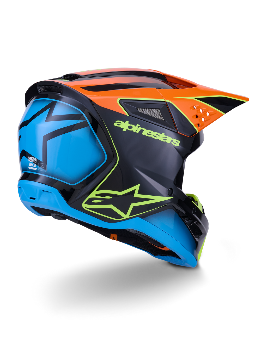 Alpinestars S-M3 Fray Helm ECE 22.06, motorcrosshelm, zwart met oranje en blauwe panelen, voorzien van neongeel Alpinestars-logo, groot blauw achtergedeelte met ster-graphic, oranje vizier met geïntegreerde ventilatieopeningen, professionele off-road beschermingsuitrusting