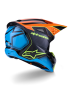 Alpinestars S-M3 Fray Helm ECE 22.06, motorcrosshelm, zwart met oranje en blauwe panelen, voorzien van neongeel Alpinestars-logo, groot blauw achtergedeelte met ster-graphic, oranje vizier met geïntegreerde ventilatieopeningen, professionele off-road beschermingsuitrusting