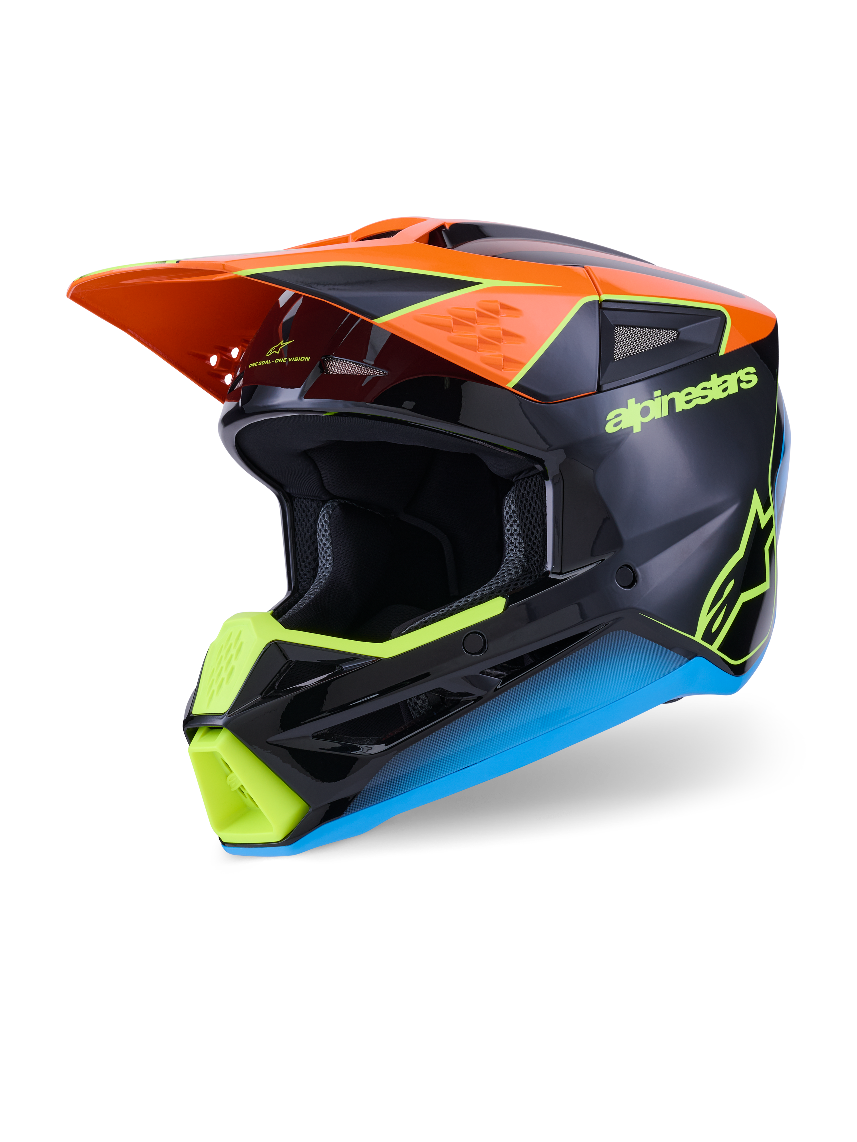 Alpinestars S-M3 Fray helm, motorcrosshelm, zwart met oranje, neongeel en blauwe accenten, driekwart aanzicht met de aerodynamische thermo-geïnjecteerde schaal en beschermend vizier voor off-road racen
