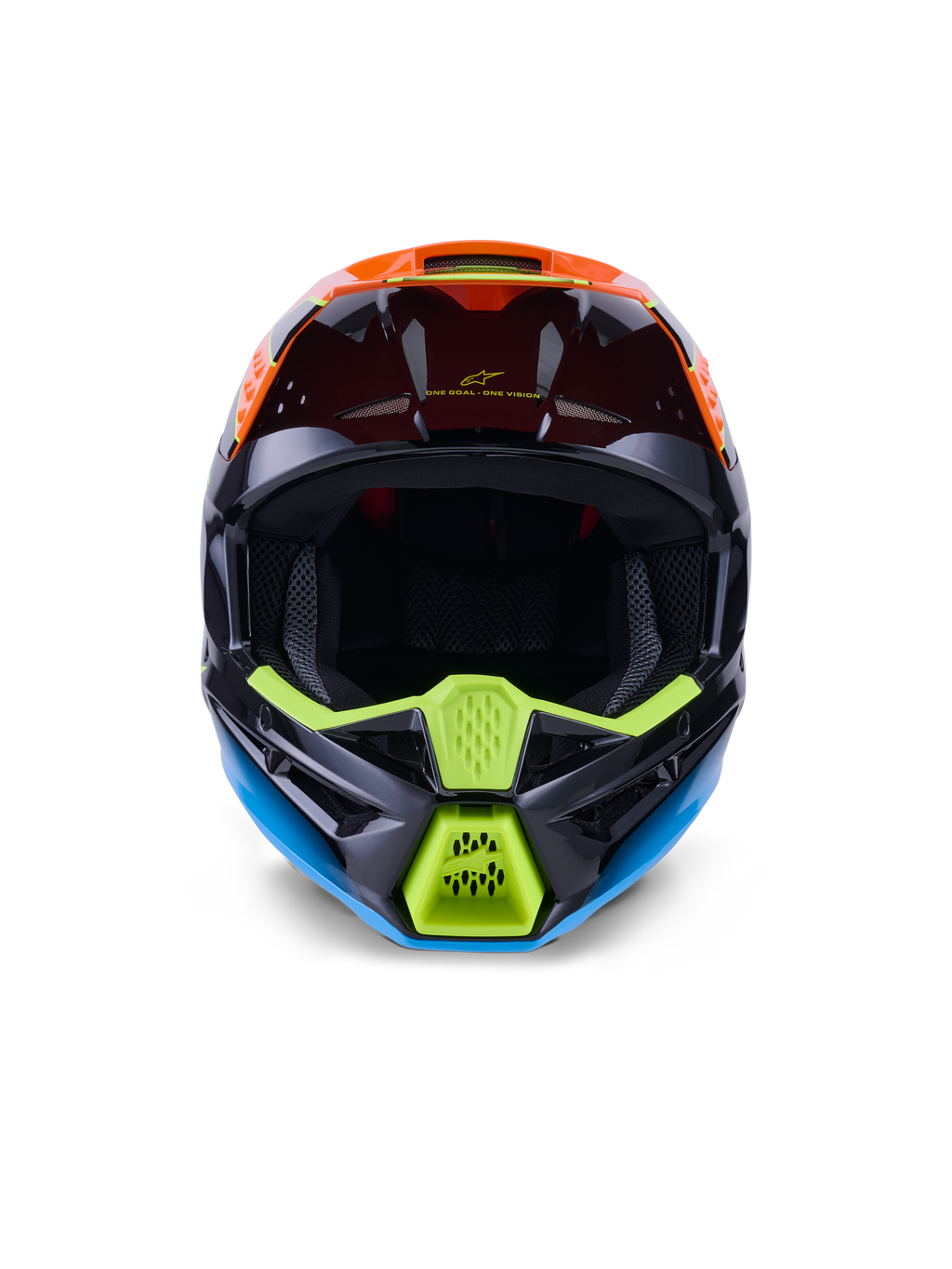 Alpinestars S-M3 Fray Helm ECE 22.06, motorcrosshelm, zwart, oranje en fluogeel, vooraanzicht met agressief ontwerp van het kinstuk met mesh-ventilatie, brede oogopening en strak aerodynamisch profiel voor off-road racen.