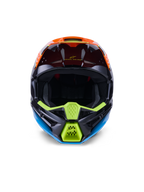 Alpinestars S-M3 Fray Helm ECE 22.06, motorcrosshelm, zwart, oranje en fluogeel, vooraanzicht met agressief ontwerp van het kinstuk met mesh-ventilatie, brede oogopening en strak aerodynamisch profiel voor off-road racen.