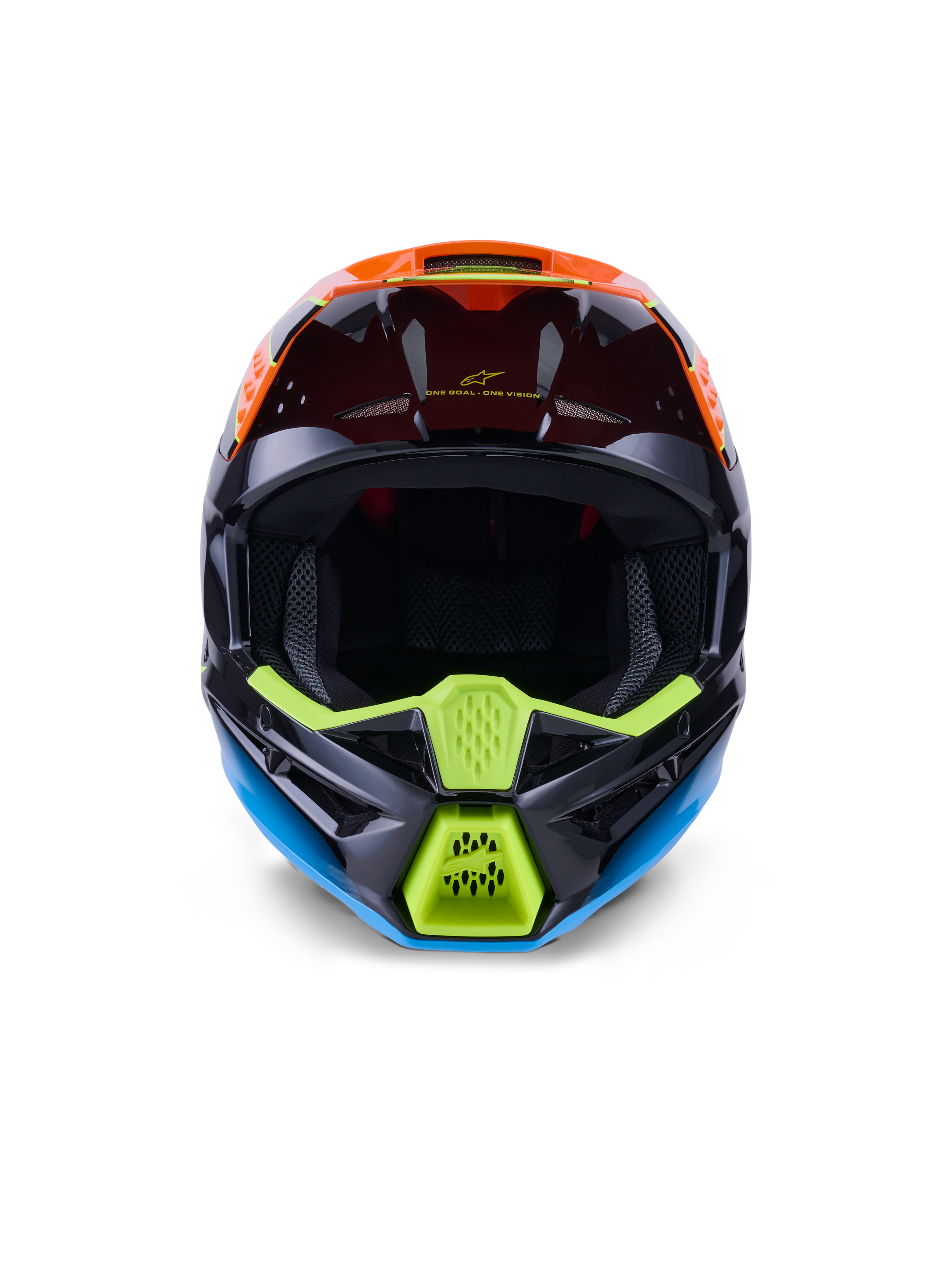 Alpinestars S-M3 Fray Helm ECE 22.06, motorcrosshelm, zwart, oranje en fluogeel, vooraanzicht met agressief ontwerp van het kinstuk met mesh-ventilatie, brede oogopening en strak aerodynamisch profiel voor off-road racen.