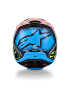 Alpinestars S-M3 Fray Helm ECE 22.06, motorcrosshelm, achteraanzicht, zwart met feloranje en neongele accenten, groot blauw paneel met een zwart Alpinestars sterlogo, off-road racebescherming