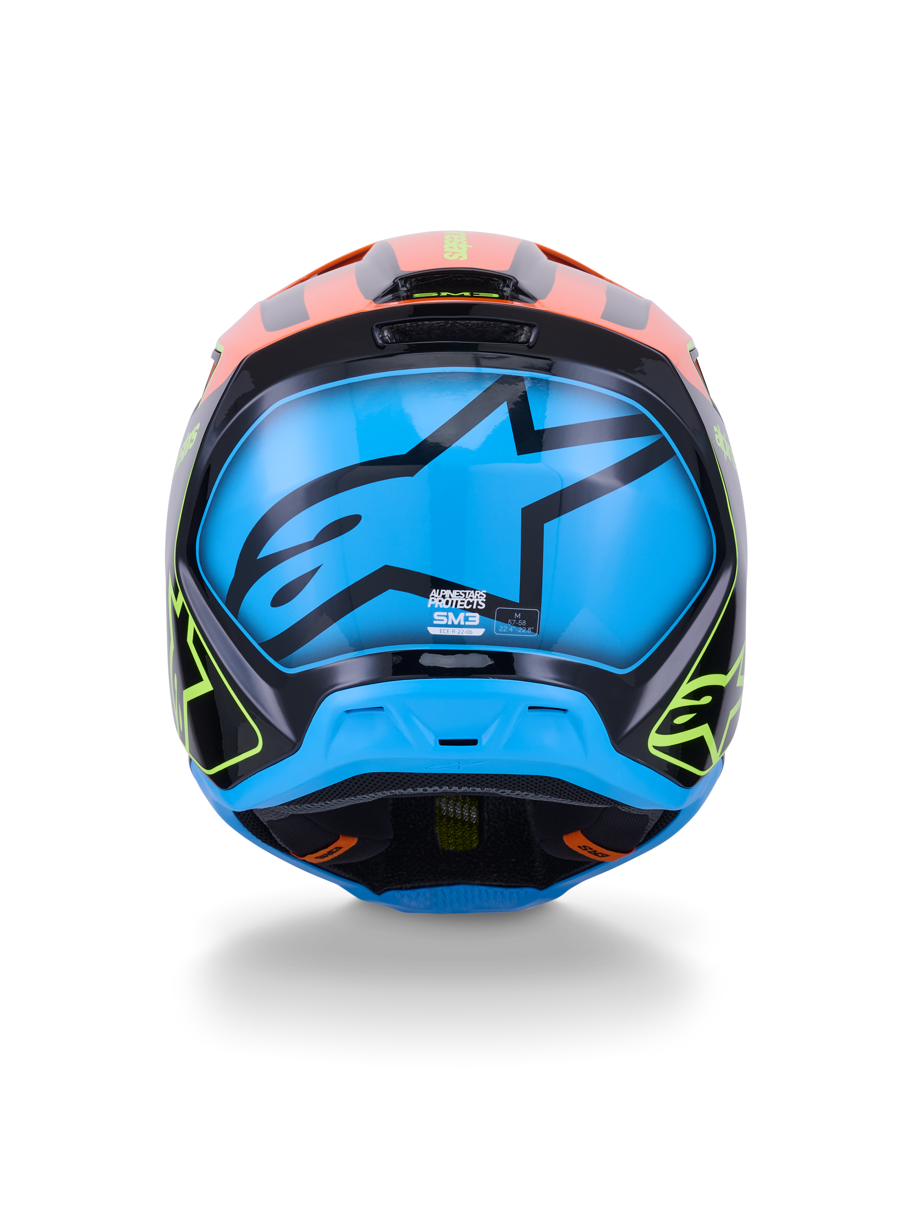 Alpinestars S-M3 Fray Helm ECE 22.06, motorcrosshelm, achteraanzicht, zwart met feloranje en neongele accenten, groot blauw paneel met een zwart Alpinestars sterlogo, off-road racebescherming
