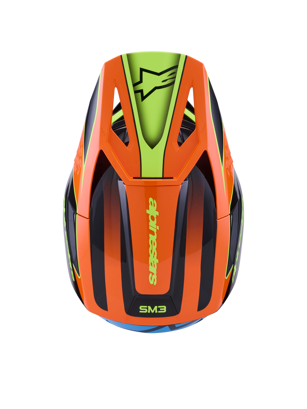 Alpinestars S-M3 Fray helm, motocross helm, oranje en fluorescerend geel met zwarte accenten, bovenaanzicht met aerodynamische schaal en klep met Alpinestars-logo, levendig grafisch ontwerp voor off-road rijden