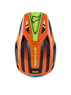 Alpinestars S-M3 Fray helm, motocross helm, oranje en fluorescerend geel met zwarte accenten, bovenaanzicht met aerodynamische schaal en klep met Alpinestars-logo, levendig grafisch ontwerp voor off-road rijden