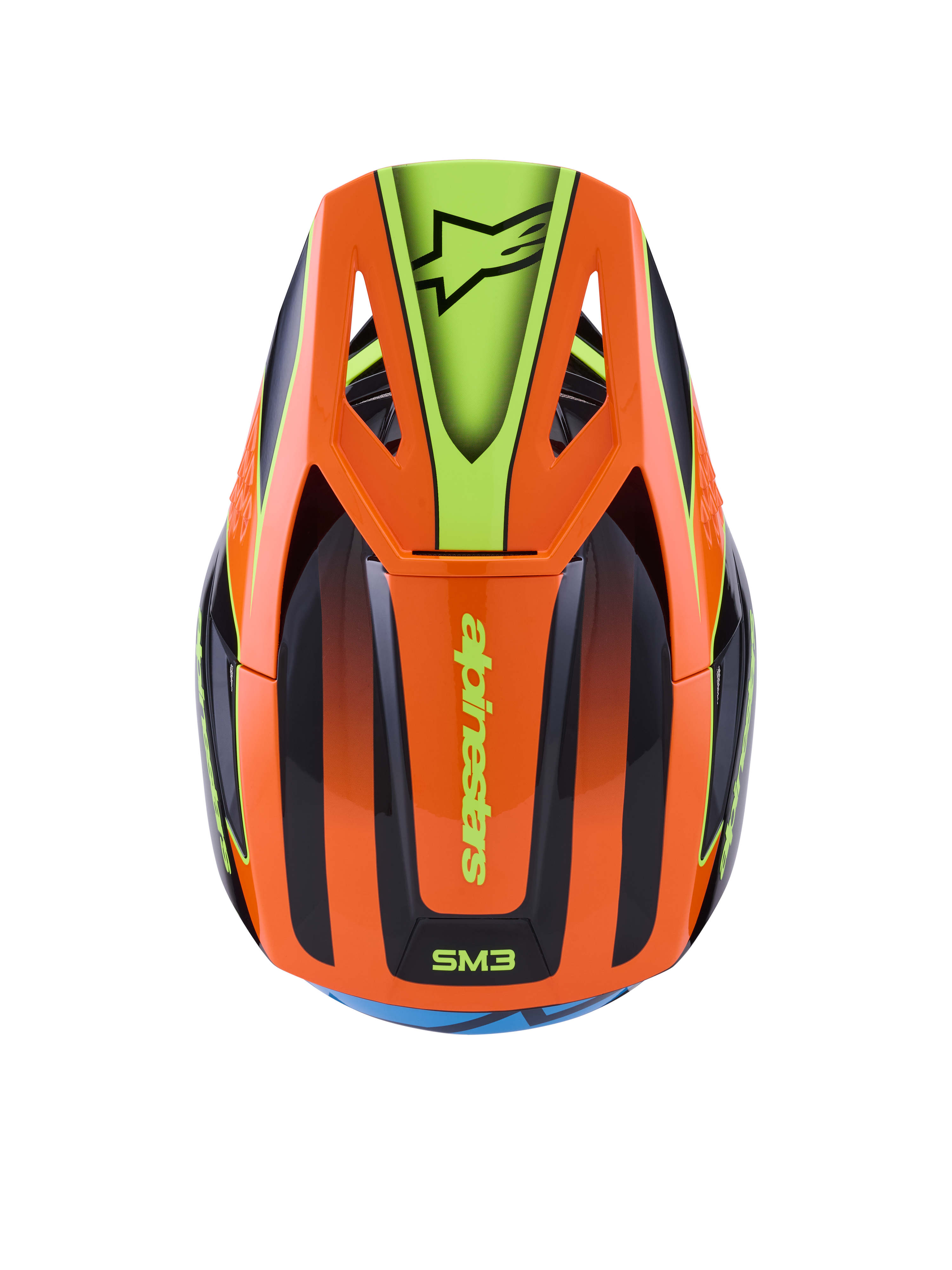 Alpinestars S-M3 Fray helm, motocross helm, oranje en fluorescerend geel met zwarte accenten, bovenaanzicht met aerodynamische schaal en klep met Alpinestars-logo, levendig grafisch ontwerp voor off-road rijden