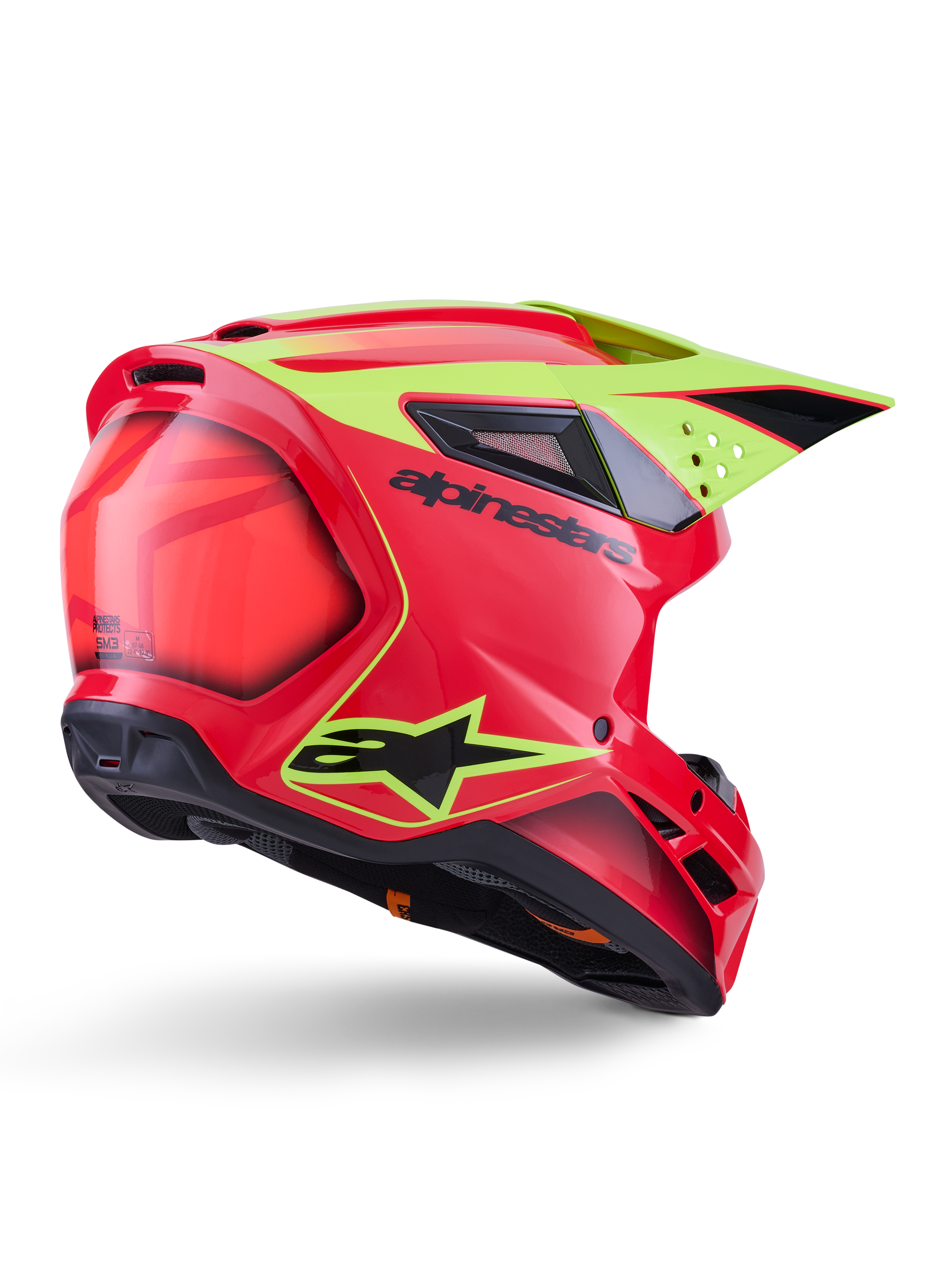 Alpinestars S-M3 Fray helm ECE 22.06, motorcrosshelm, rood, fluogeel en glanzend zwart, driekwart achteraanzicht met een gestroomlijnde aerodynamische schaal, meerdere ventilatieopeningen, neongele graphics en opvallend zwart Alpinestars-logo.