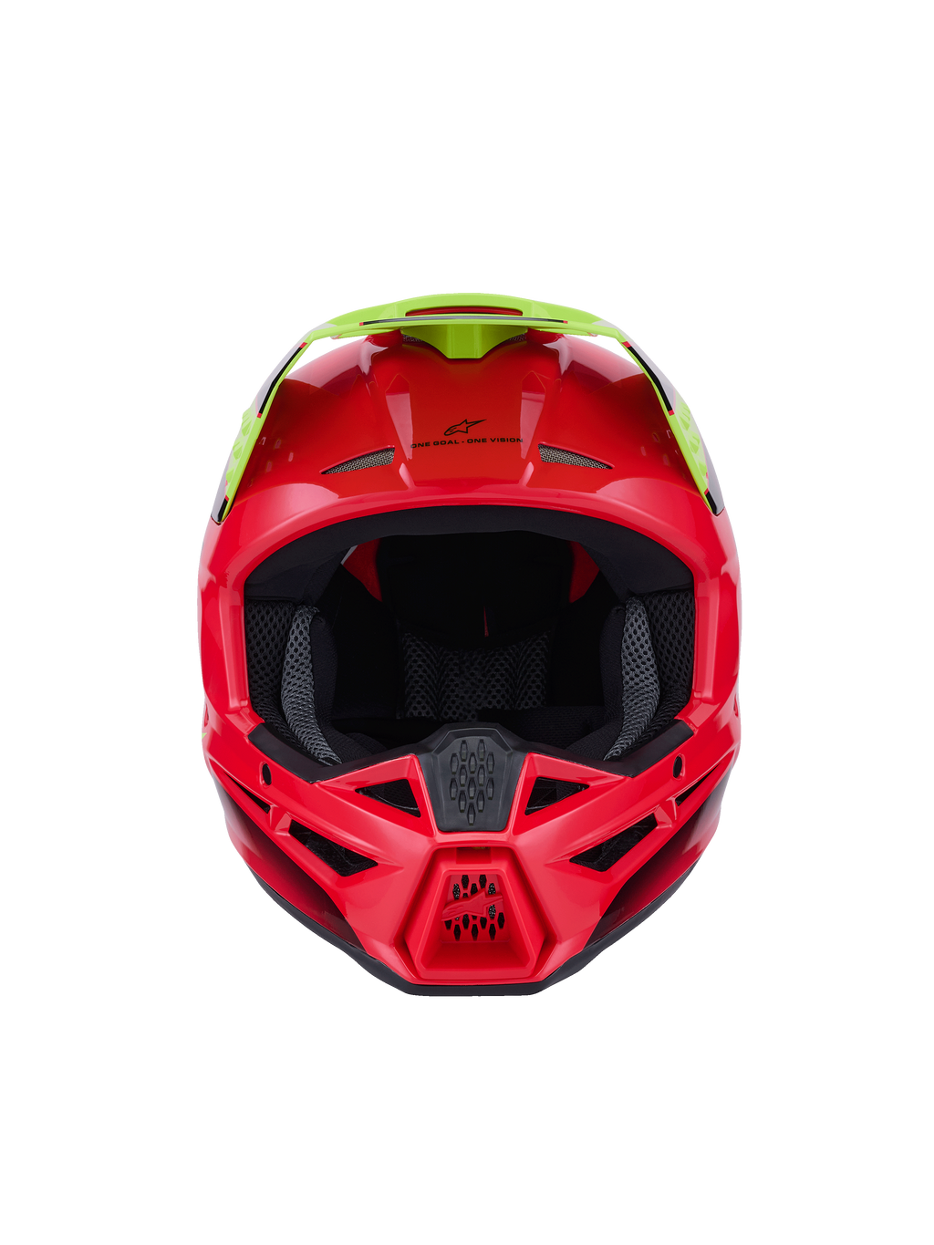 Alpinestars S-M3 Fray-helm ECE 22.06, motorcrosshelm, rood en fluogeel, vooraanzicht met glanzende afwerking, voorzien van meerdere ventilatieopeningen en een opvallend vizier, hoogwaardige beschermende uitrusting voor off-road rijden