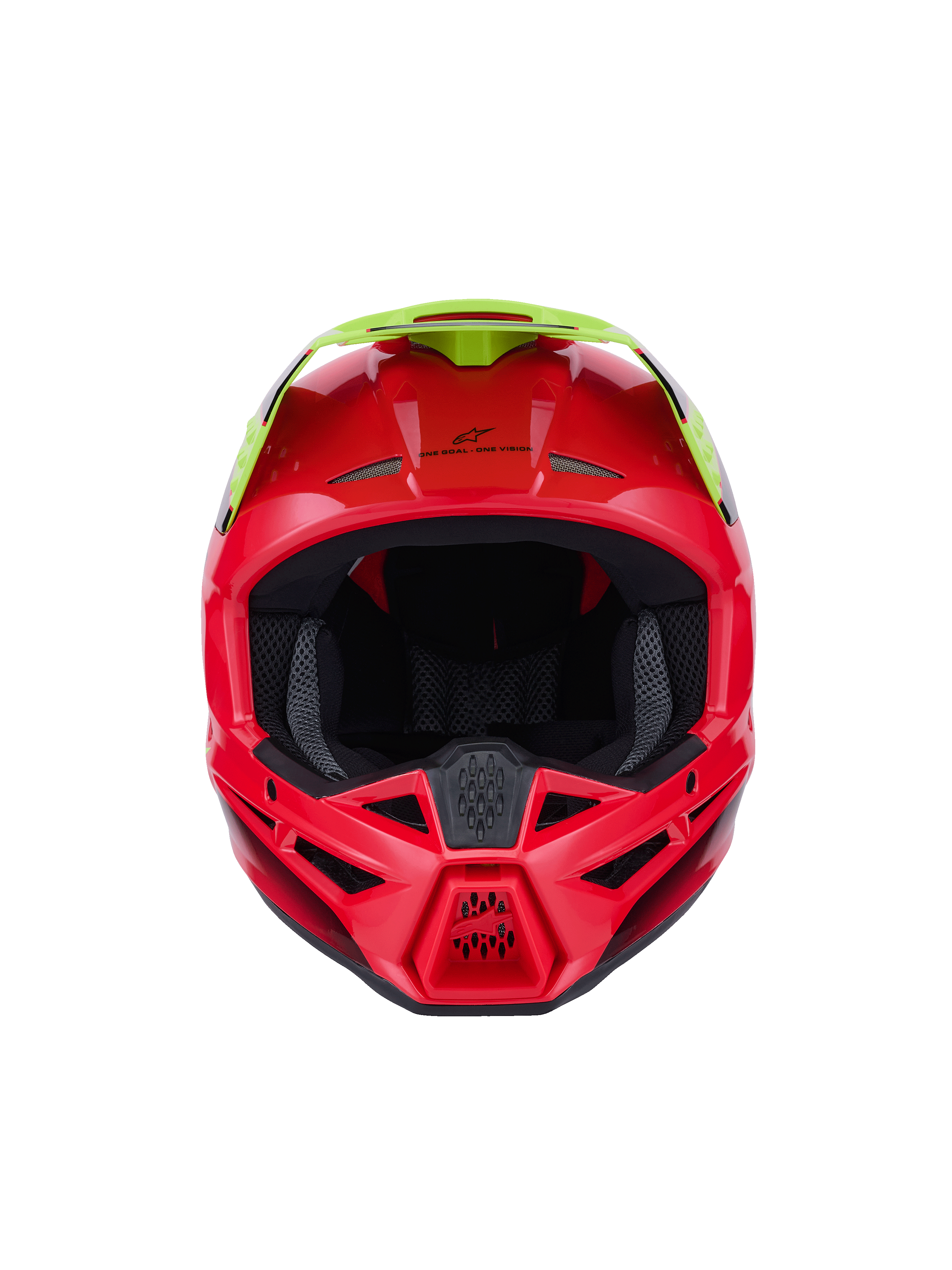 Alpinestars S-M3 Fray-helm ECE 22.06, motorcrosshelm, rood en fluogeel, vooraanzicht met glanzende afwerking, voorzien van meerdere ventilatieopeningen en een opvallend vizier, hoogwaardige beschermende uitrusting voor off-road rijden