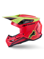 Alpinestars S-M3 Fray helm ECE 22.06, motorcrosshelm, rood, fluoriserend geel en glanzend zwart, zijaanzicht, voorzien van een aerodynamische thermo-geïnjecteerde schaal met meerdere ventilatieopeningen, zwart Alpinestars-logo en fluoriserend geel ster-logo, hoogwaardige hoofdbescherming voor off-road rijden.