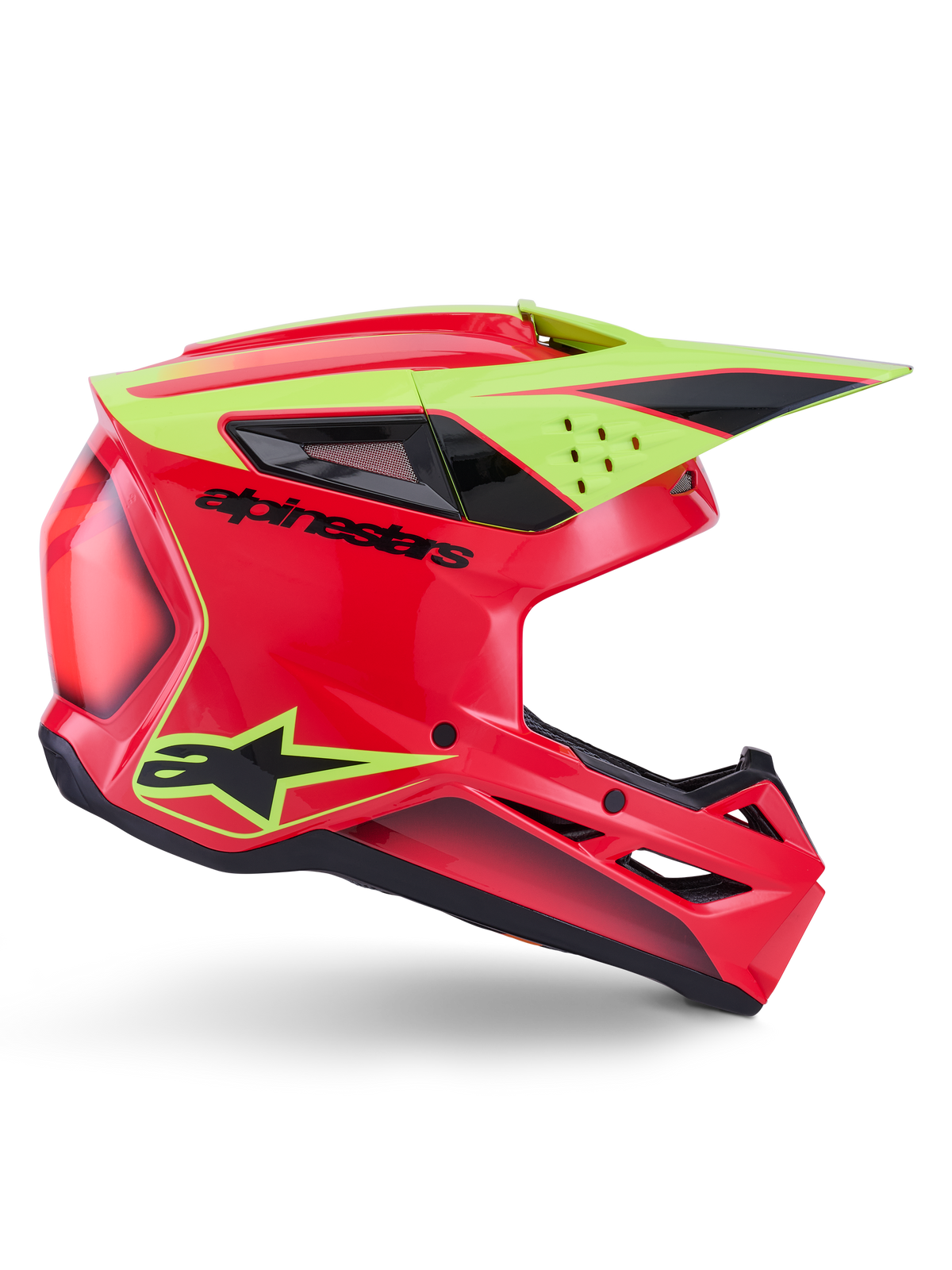 Alpinestars S-M3 Fray Helm ECE 22.06, Motocross-Helm, Rot, Gelb Fluo und Schwarz glänzend, Seitenansicht mit aerodynamischer Schale, mehreren Belüftungsöffnungen, markantem schwarzem Branding und auffälligem gelbem Visier