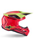 Alpinestars S-M3 Fray helm ECE 22.06, motorcrosshelm, rood fluogeel en glanzend zwart, zijaanzicht met aerodynamische schaal, meerdere ventilatieopeningen, opvallende zwarte logo's en een felgeel vizier