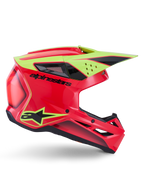 Alpinestars S-M3 Fray helm ECE 22.06, motorcrosshelm, rood fluogeel en glanzend zwart, zijaanzicht met aerodynamische schaal, meerdere ventilatieopeningen, opvallende zwarte logo's en een felgeel vizier