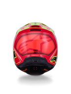 Alpinestars S-M3 Fray helm ECE 22.06, motorcrosshelm, rood fluogeel zwart glanzend, achteraanzicht met glanzende aerodynamische schaal, opvallende rode en fluogele graphics, geïntegreerde ventilatieopeningen en branding van de veiligheidscertificering