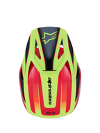 Alpinestars S-M3 Fray helm, motorcrosshelm, rood, fluogeel en glanzend zwart, bovenaanzicht met opvallend grafisch ontwerp, zwart ster-logo op de gele klep en Alpinestars-branding op de achterkant