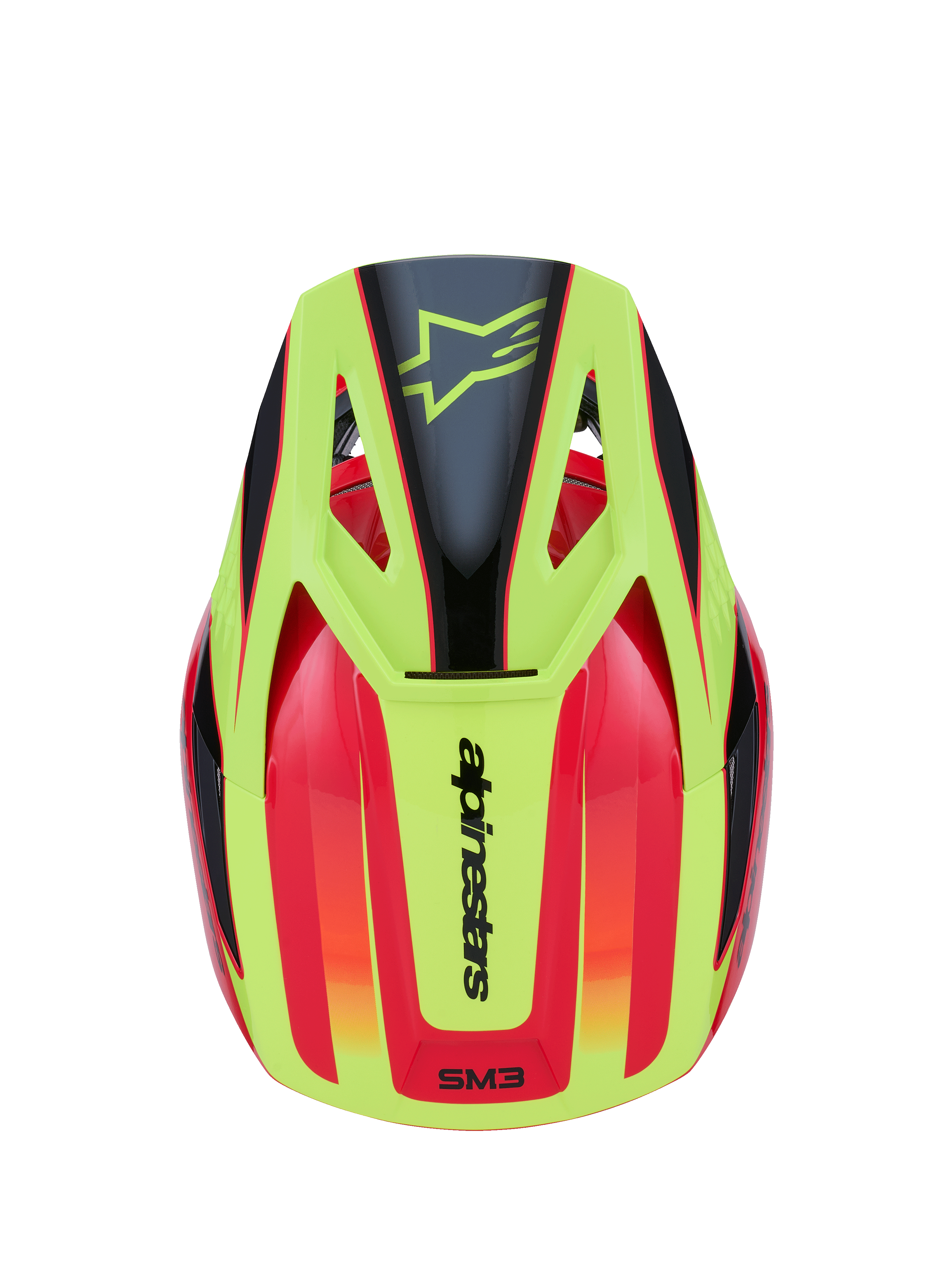 Alpinestars S-M3 Fray helm, motorcrosshelm, rood, fluogeel en glanzend zwart, bovenaanzicht met opvallend grafisch ontwerp, zwart ster-logo op de gele klep en Alpinestars-branding op de achterkant