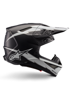 Alpinestars Supertech M10 Ampress Helmet, Motocross Racing Helmet, Black and White Matte, aerodynamic profile with white lightning bolt graphics, multiple air vents, extended sun visor, carbon fiber construction with matte finish