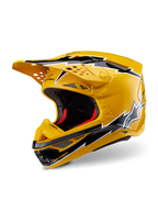 Alpinestars Supertech M10 Ampress Helmet, Motocross Helmet, Yellow and Black Glossy, featuring lightning-bolt graphics, ventilated peak, and aerodynamic design, high-performance off-road protection.