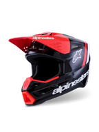 Casque Alpinestars S-M3 Radium, casque de motocross, noir, rouge fluo et blanc brillant, finition brillante avec marquage Alpinestars et logo étoile blancs, doté d'une visière rouge vif et d'une aération au niveau du menton, conçu pour la protection tout-terrain.