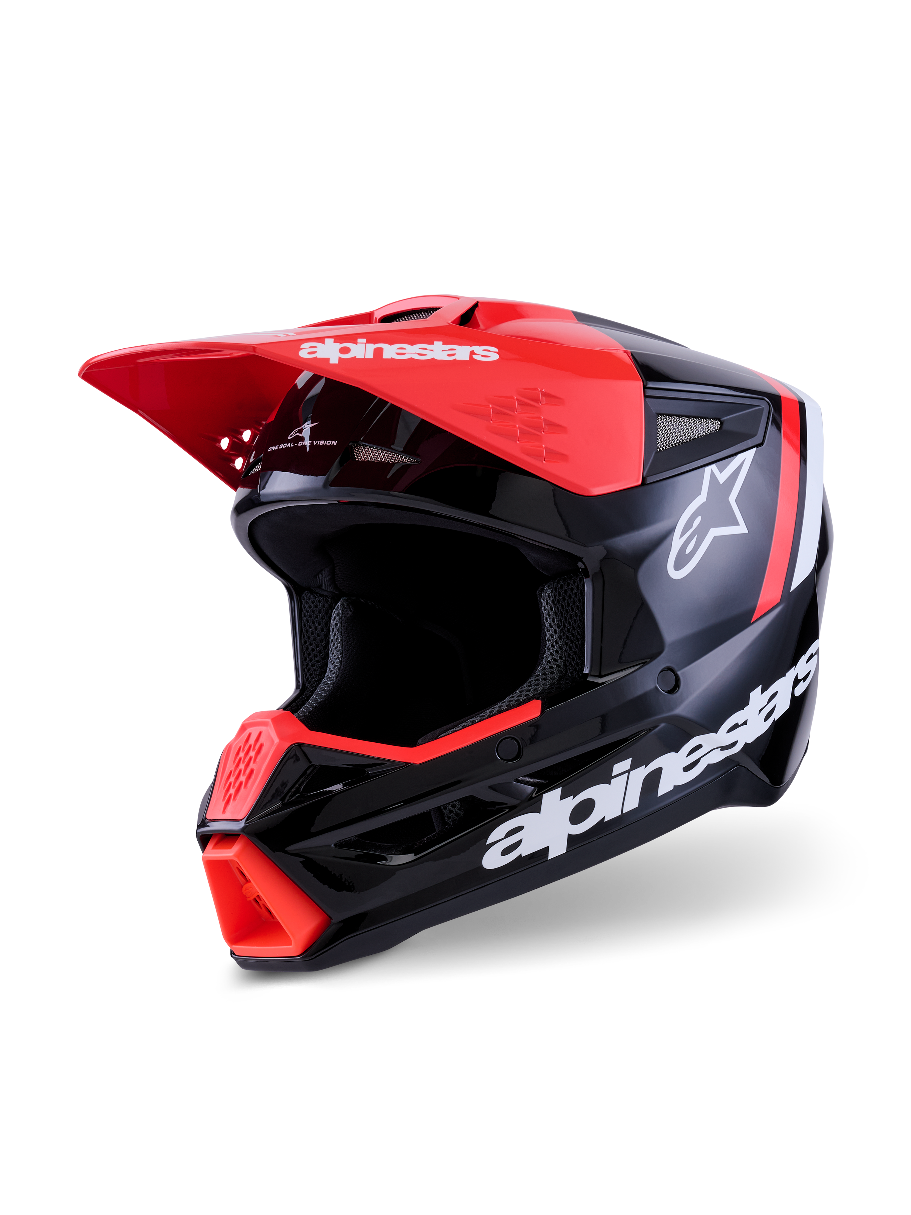 Casque Alpinestars S-M3 Radium, casque de motocross, noir, rouge fluo et blanc brillant, finition brillante avec marquage Alpinestars et logo étoile blancs, doté d'une visière rouge vif et d'une aération au niveau du menton, conçu pour la protection tout-terrain.