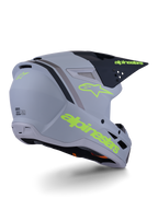 Alpinestars S-M3 Radium helm, motorcrosshelm, grijs, zwart en mat fluogeel, integraalontwerp met hoekige schaal, opvallende klep en ventilatieopeningen, matte afwerking met opvallende graphics