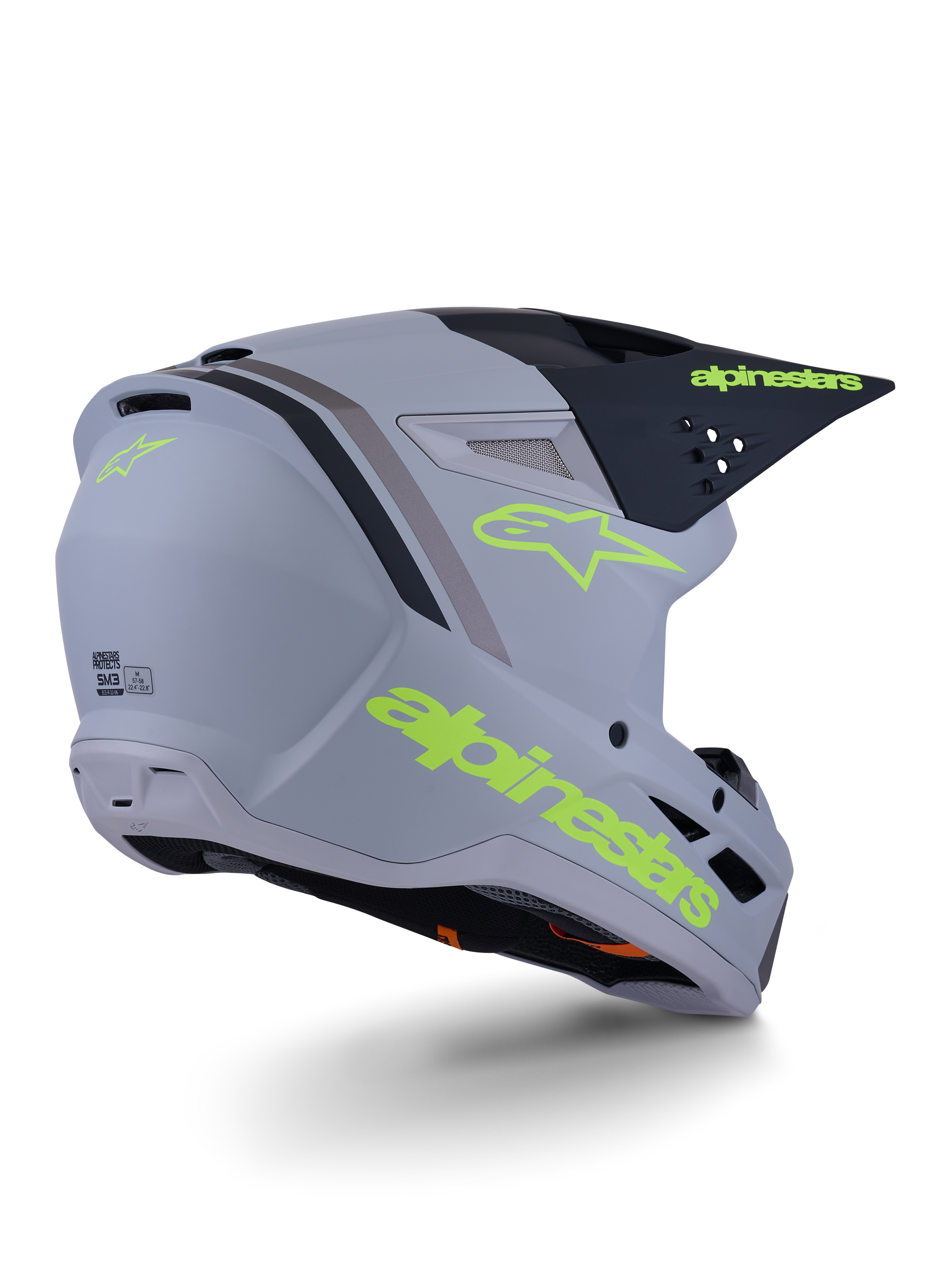 Alpinestars S-M3 Radium helm, motorcrosshelm, grijs, zwart en mat fluogeel, integraalontwerp met hoekige schaal, opvallende klep en ventilatieopeningen, matte afwerking met opvallende graphics