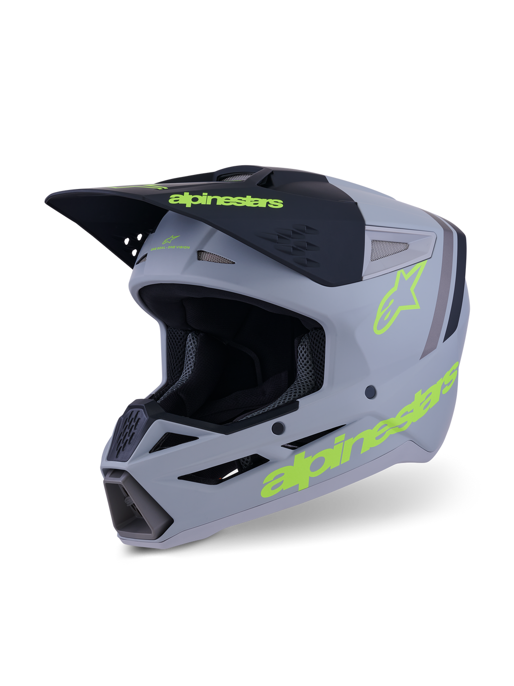 Alpinestars S-M3 Radium helm, motocross- en endurohelm, grijs, zwart en neongeel fluo mat, driekwart aanzicht met agressief schaalontwerp, geventileerde inlaatopeningen en opvallende gele logo's