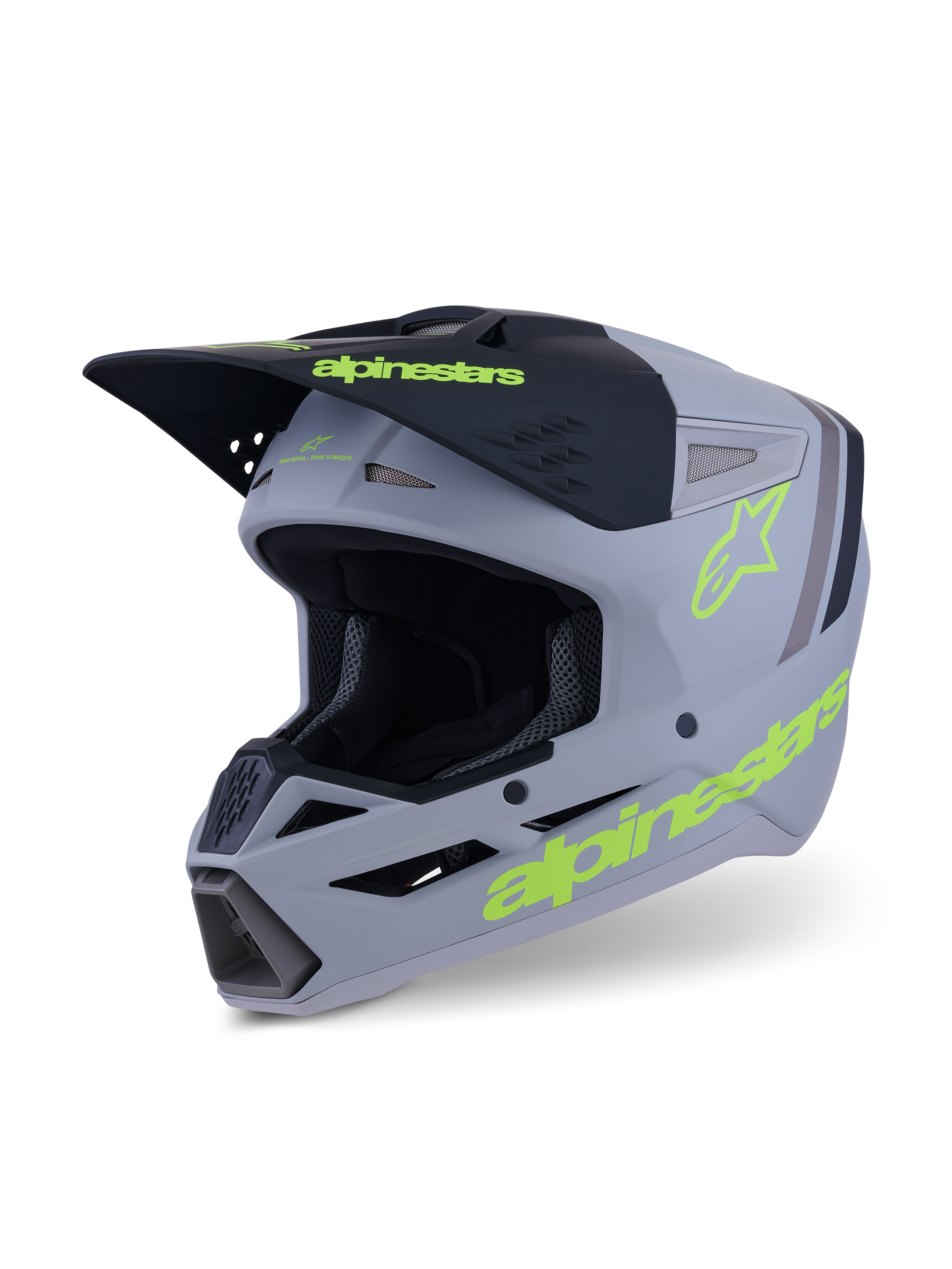 Alpinestars S-M3 Radium helm, motocross- en endurohelm, grijs, zwart en neongeel fluo mat, driekwart aanzicht met agressief schaalontwerp, geventileerde inlaatopeningen en opvallende gele logo's