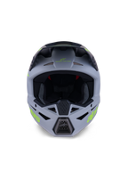 Alpinestars S-M3 Radium helm, integraal motorcrosshelm, matgroen en zwart met fluorgele branding, vooraanzicht met nadruk op de ventilatieopeningen bij de kin en het voorhoofd en een grote oogopening, professionele off-road beschermingsuitrusting