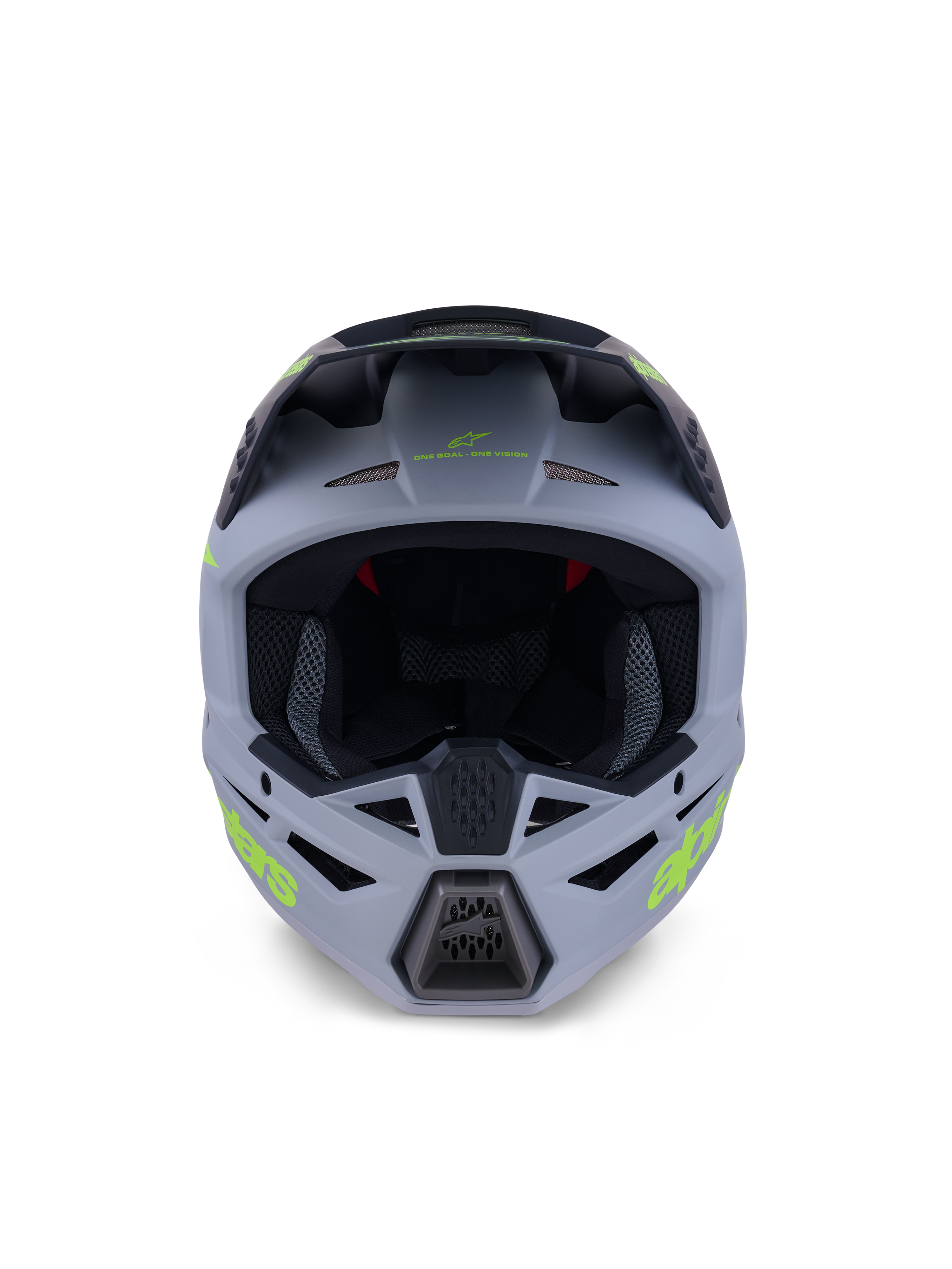 Alpinestars S-M3 Radium helm, integraal motorcrosshelm, matgroen en zwart met fluorgele branding, vooraanzicht met nadruk op de ventilatieopeningen bij de kin en het voorhoofd en een grote oogopening, professionele off-road beschermingsuitrusting