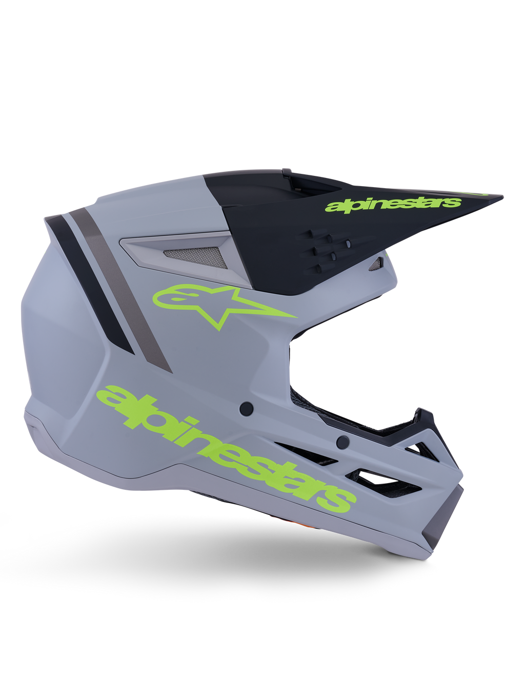 Alpinestars S-M3 Radium helm ECE 22.06, motorcrosshelm, matgrijs, zwart en fluogeel, met een hoekig aerodynamisch ontwerp, een vizierklep en een geïntegreerd ventilatiesysteem