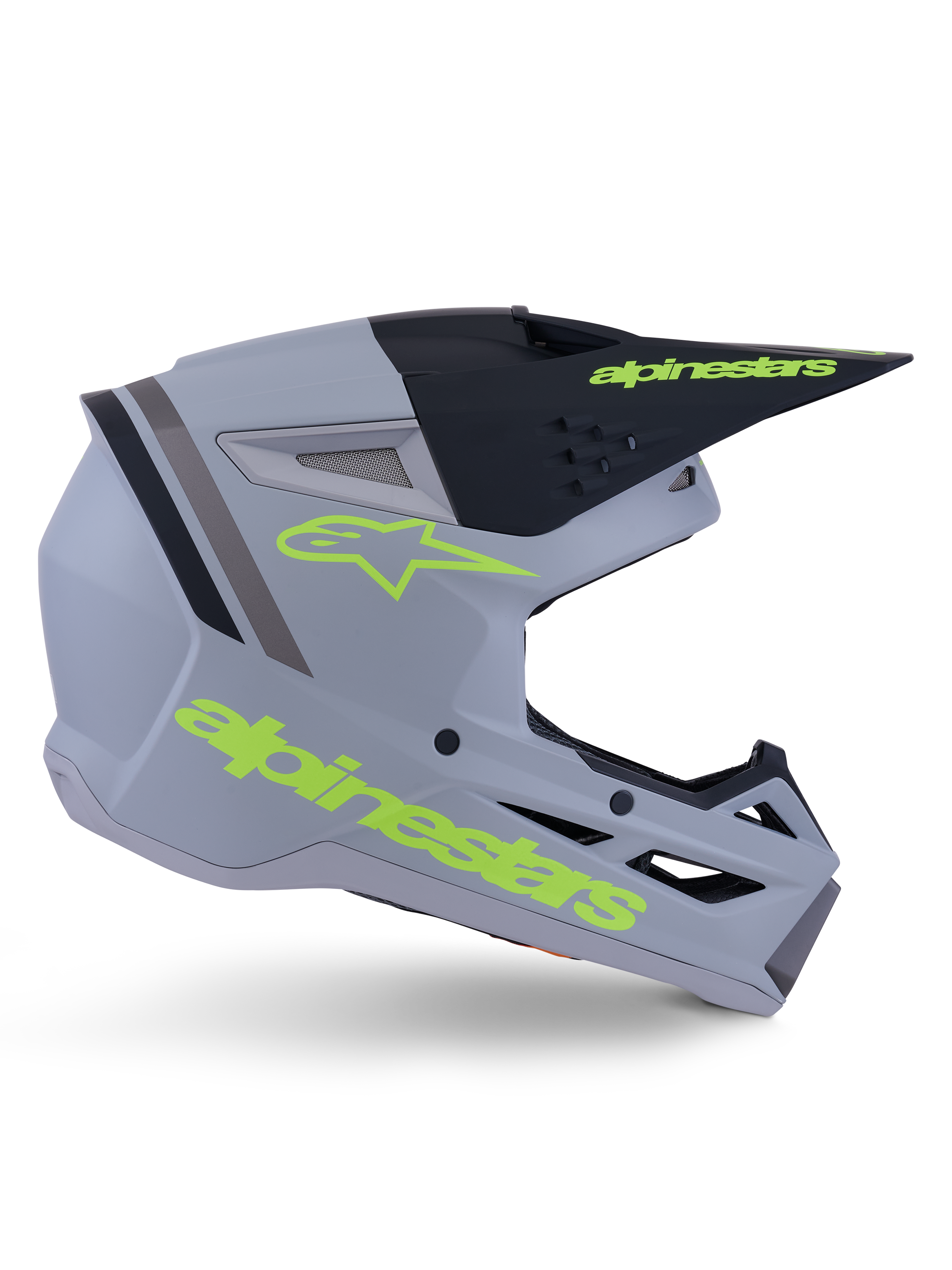 Alpinestars S-M3 Radium helm ECE 22.06, motorcrosshelm, matgrijs, zwart en fluogeel, met een hoekig aerodynamisch ontwerp, een vizierklep en een geïntegreerd ventilatiesysteem