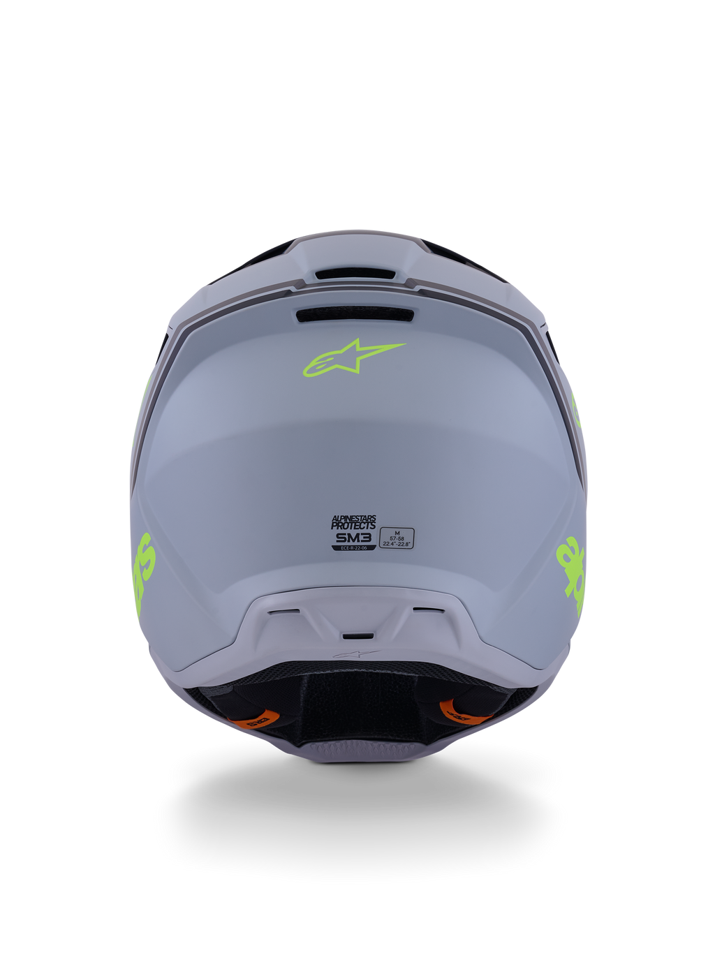 Alpinestars S-M3 Radium helm, motorcrosshelm, groen, zwart en fluogeel mat, achteraanzicht met matte schaalafwerking, neongeel Alpinestars-logo en ECE 22.06-certificeringsgegevens