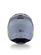 Alpinestars S-M3 Radium helm, motorcrosshelm, groen, zwart en fluogeel mat, achteraanzicht met matte schaalafwerking, neongeel Alpinestars-logo en ECE 22.06-certificeringsgegevens