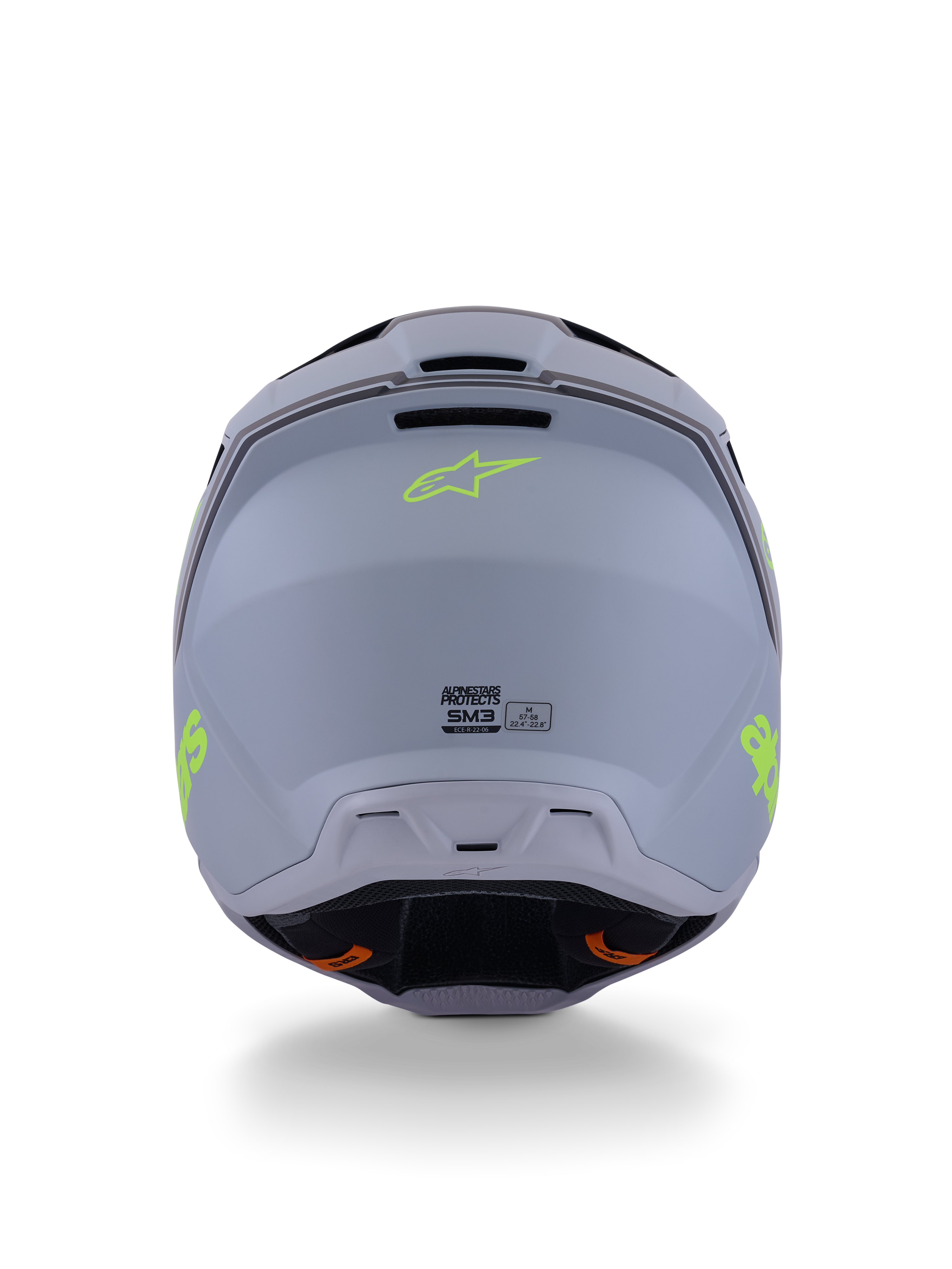 Alpinestars S-M3 Radium helm, motorcrosshelm, groen, zwart en fluogeel mat, achteraanzicht met matte schaalafwerking, neongeel Alpinestars-logo en ECE 22.06-certificeringsgegevens