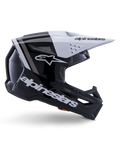 Alpinestars S-M3 Radium Helmet, Motocross Off-Road Helmet, Black White and Gray Glossy, featuring an angular aerodynamic design with ventilation ports, side profile view, glossy finish with gray stripes, and a white visor with Alpinestars branding