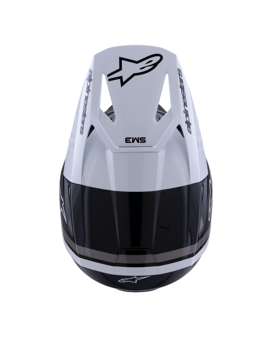 Alpinestars S-M3 Radium Helmet, Motocross Helmet, Black White and Gray Glossy, top-down view showing white visor with black Astar logo and SM3 branding, sleek glossy finish with ventilation ports, high-performance off-road head protection