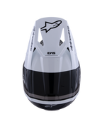 Alpinestars S-M3 Radium Helmet, Motocross Helmet, Black White and Gray Glossy, top-down view showing white visor with black Astar logo and SM3 branding, sleek glossy finish with ventilation ports, high-performance off-road head protection