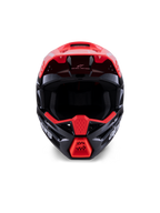 Casque Alpinestars S-M3 Radium ECE 22.06, casque de motocross, noir brillant avec accents rouge fluo et blanc, vue de face montrant la coque aérodynamique, la visière intégrée et la mentonnière de protection avec le logo Alpinestars audacieux.