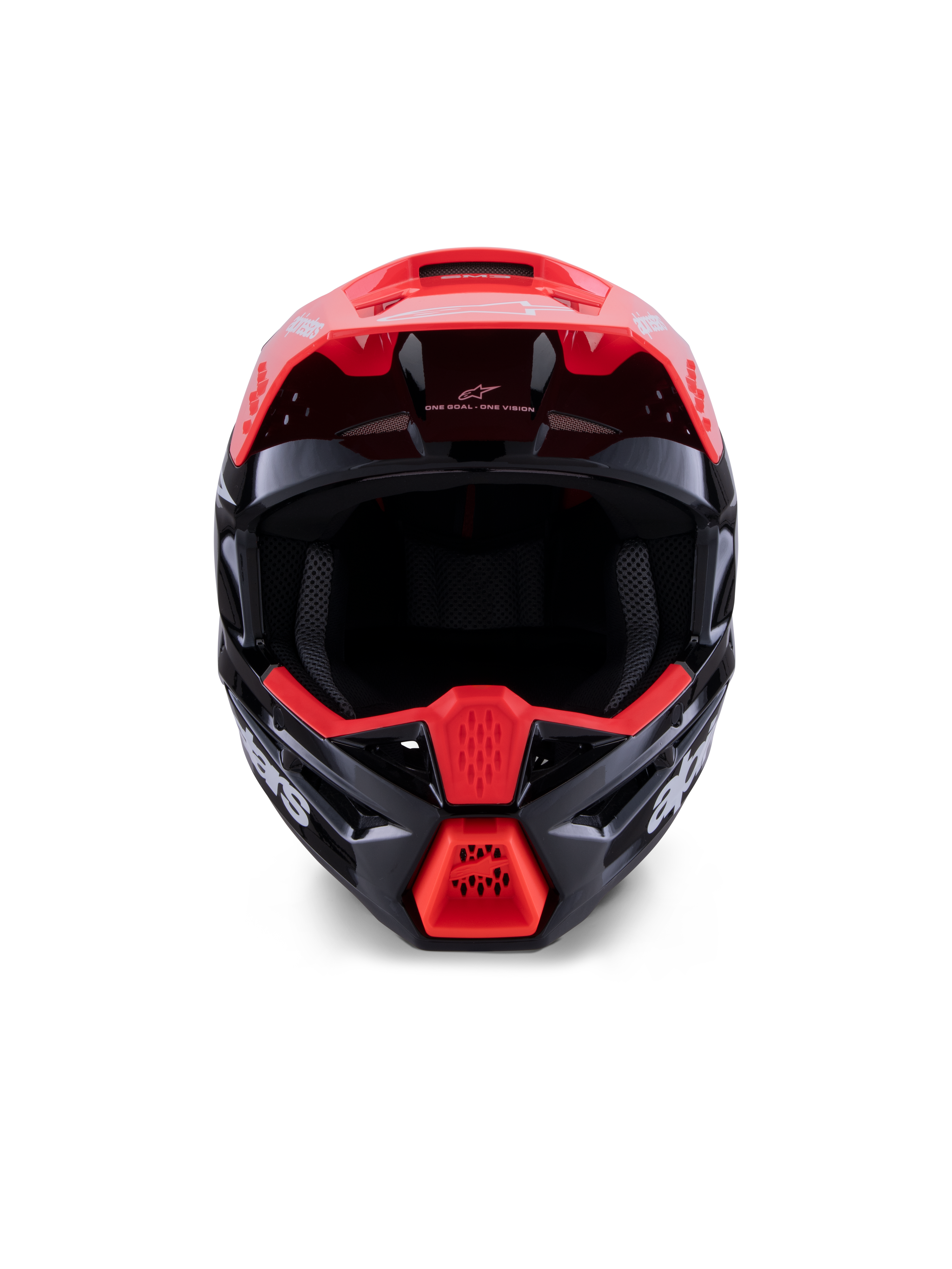Casque Alpinestars S-M3 Radium ECE 22.06, casque de motocross, noir brillant avec accents rouge fluo et blanc, vue de face montrant la coque aérodynamique, la visière intégrée et la mentonnière de protection avec le logo Alpinestars audacieux.