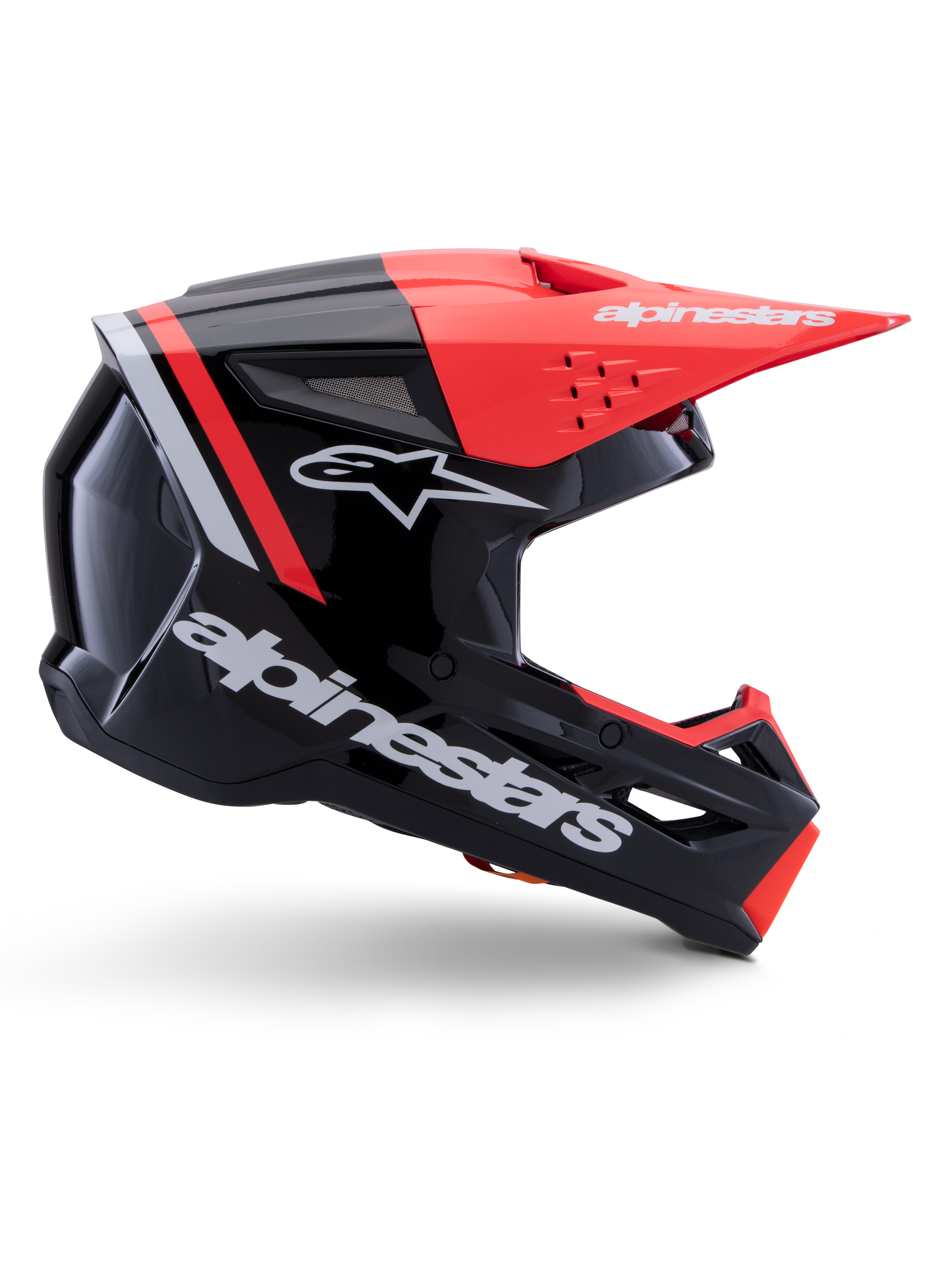 Casque Alpinestars S-M3 Radium, casque de motocross, noir, rouge fluo et blanc brillant, doté d'un design aérodynamique avec une visière angulaire, des ports de ventilation et une finition brillante, protection haut de gamme pour les sports mécaniques