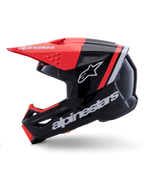 Casque Alpinestars S-M3 Radium, casque de motocross, noir, rouge fluo et blanc brillant, vue de profil, avec grand logo Alpinestars blanc et logo étoile, visière rouge fluo et accents sur la mentonnière, finition brillante, conçu pour le motocross et l'enduro tout-terrain.